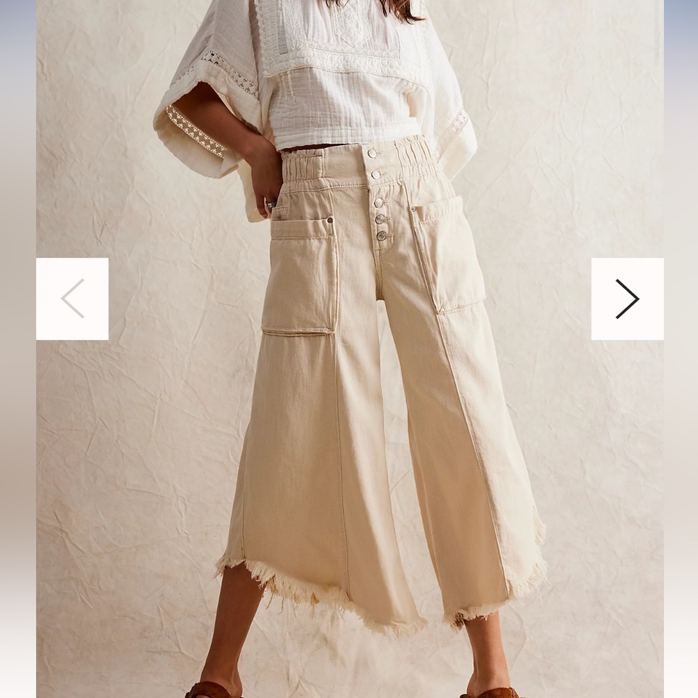 We The Free Cream Wide-Leg Frayed Hem Utility Pants